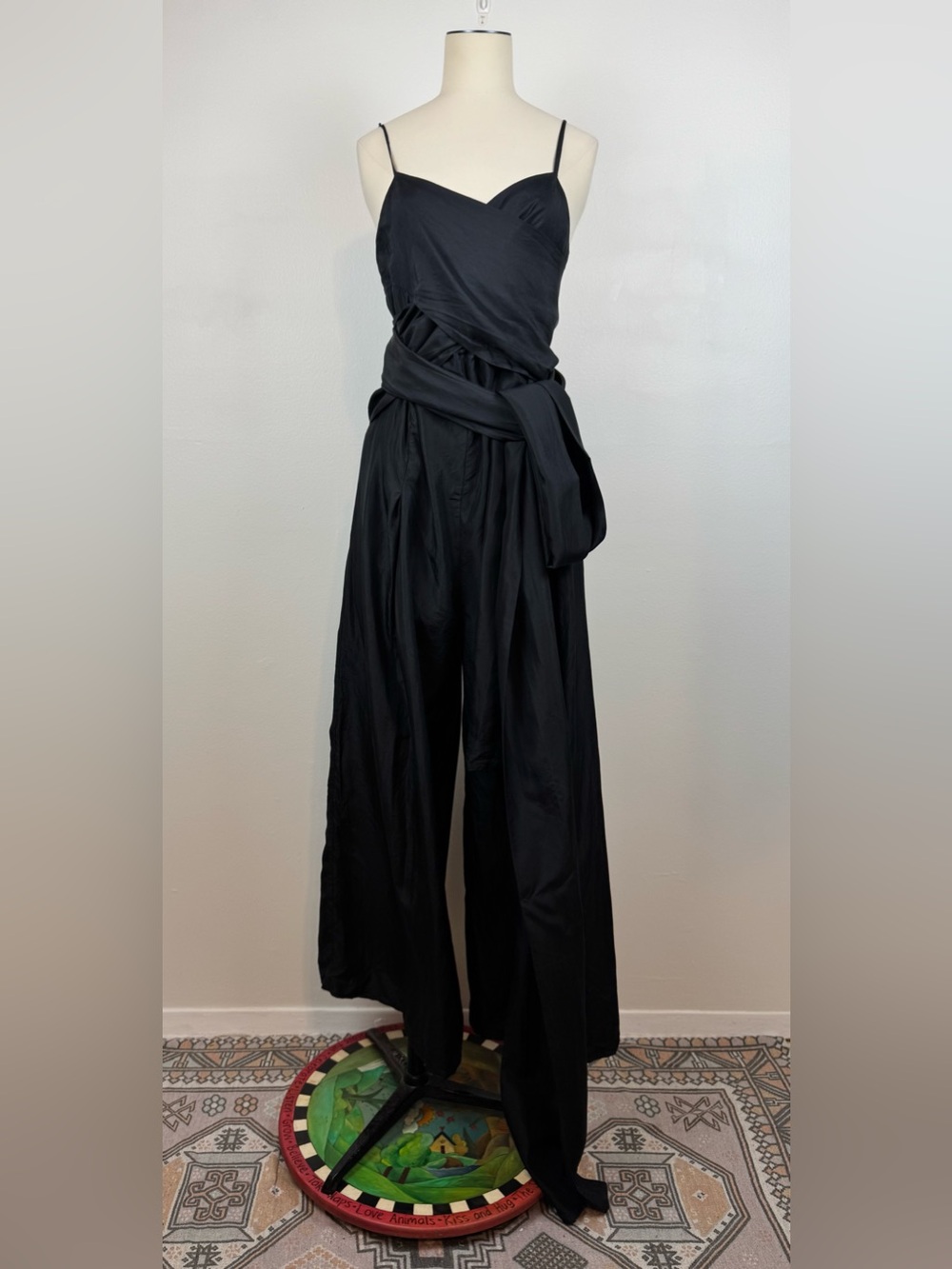 BCBGMaxAzria Collection 100% Silk Black Wide Leg with Long Wrap Jumpsuit size M